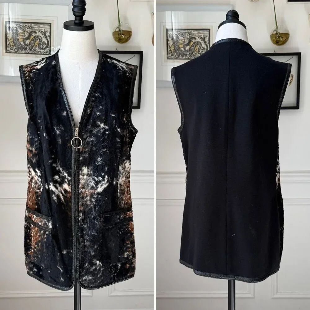 Vintage 70s Carnaby Faux Brindle Fur Longline Zip Vest M L